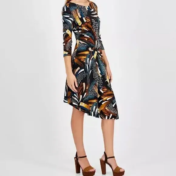 Robbie Bee Petite 3/4-Sleeve Asymmetrical-Hem Dress Teal Multi Women’s Sz PM - Picture 4 of 10